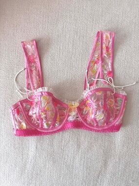 For Love & Lemons Sample Sale Embroidered Mesh Underwire Bra Pink 34A